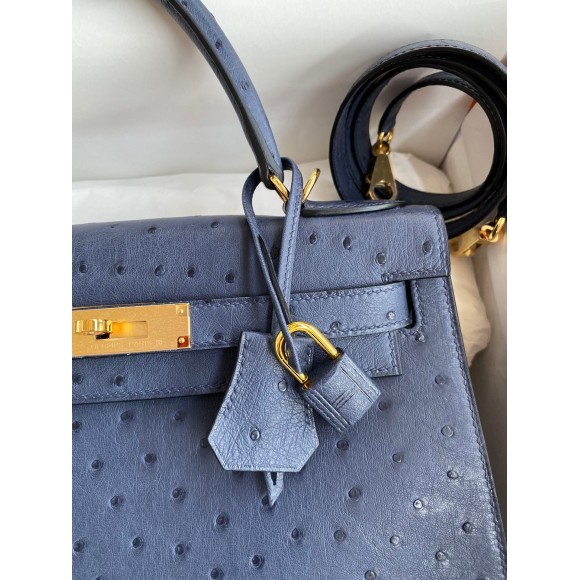 H**mes kelly sellier 28 handmade bag in blue iris ostrich leather