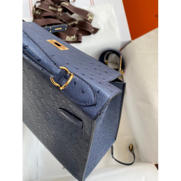 H**mes kelly sellier 28 handmade bag in blue iris ostrich leather