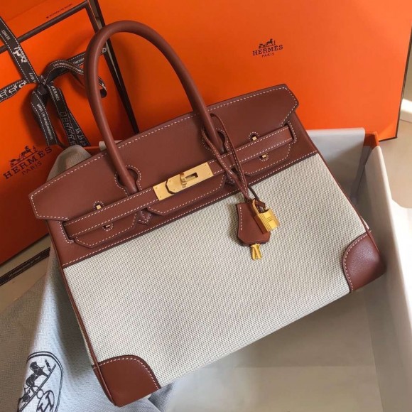 H**mes birkin 30 bag in canvas with barenia leather