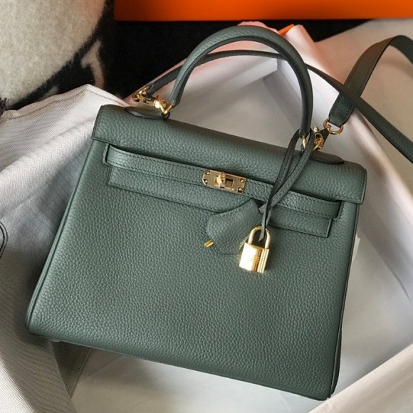 H**mes kelly 25cm retourne bag in vert amande clemence leather ghw