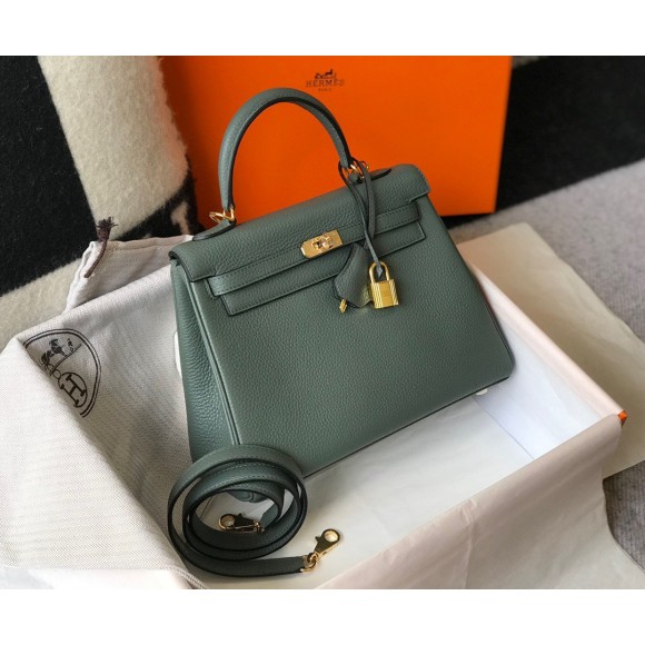 H**mes kelly 25cm retourne bag in vert amande clemence leather ghw