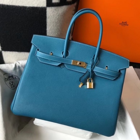 H**mes birkin 35 bag in blue jean clemence leather with ghw