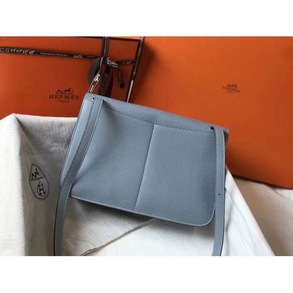 H**mes halzan 31cm bag in blue lin clemence leather