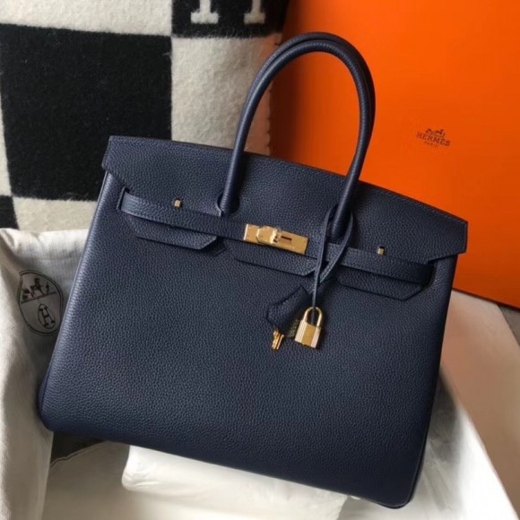 H**mes birkin 35 bag in navy blue clemence leather with ghw