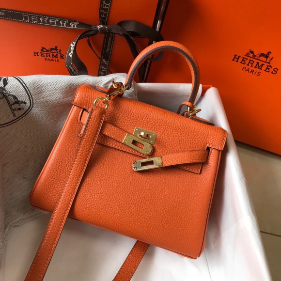 H**mes kelly 20cm bag in orange clemence leather ghw