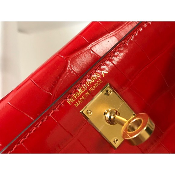 H**mes kelly mini ii sellier bag in red crocodile embossed leather