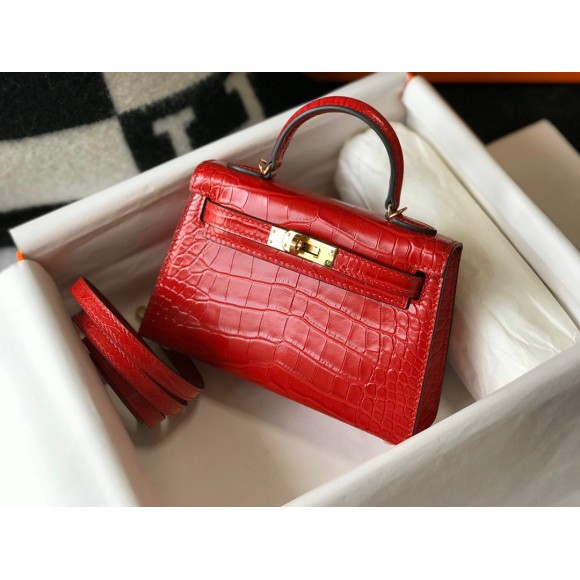 H**mes kelly mini ii sellier bag in red crocodile embossed leather