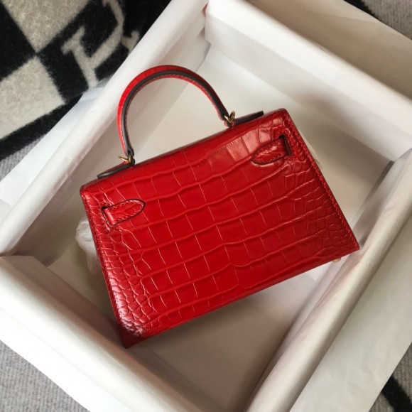 H**mes kelly mini ii sellier bag in red crocodile embossed leather