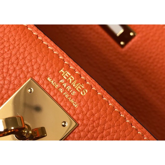 H**mes kelly 32cm retourne bag in orange clemence leather ghw