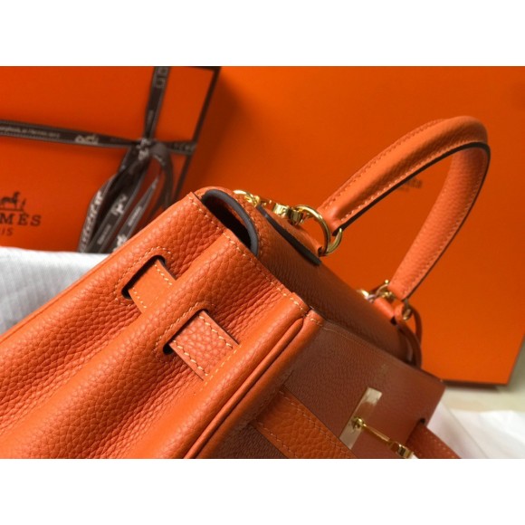 H**mes kelly 32cm retourne bag in orange clemence leather ghw