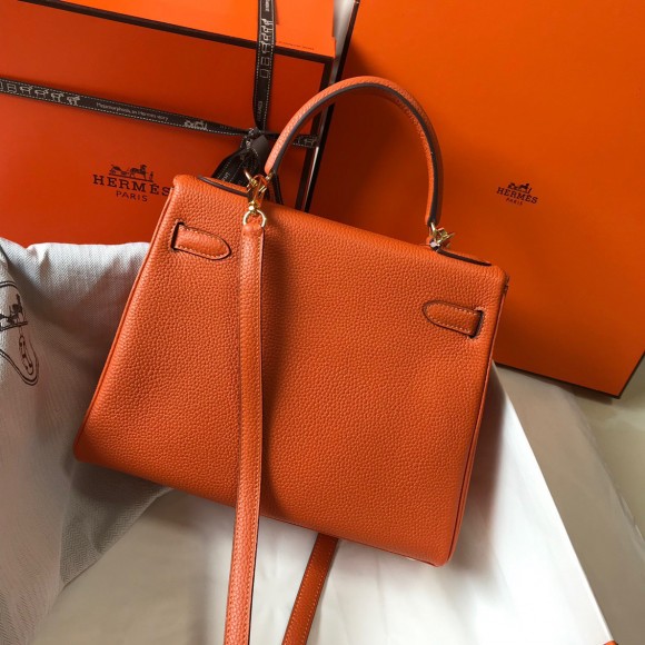 H**mes kelly 32cm retourne bag in orange clemence leather ghw