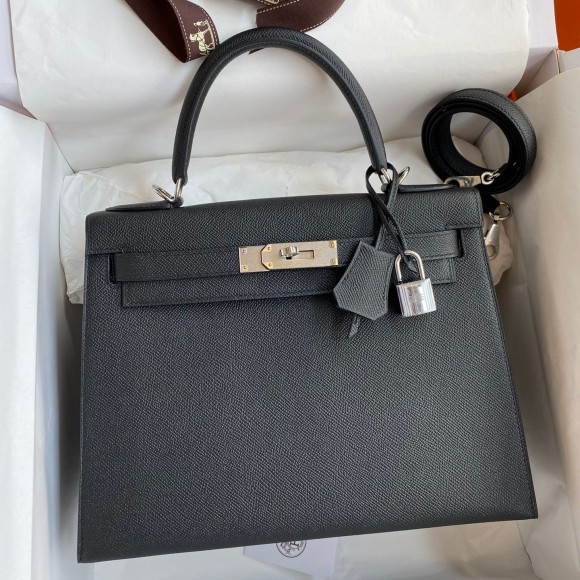 H**mes kelly sellier 28 handmade bag in black epsom calfskin