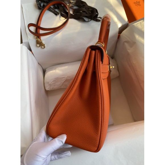 H**mes kelly retourne 32 handmade bag in orange clemence leather