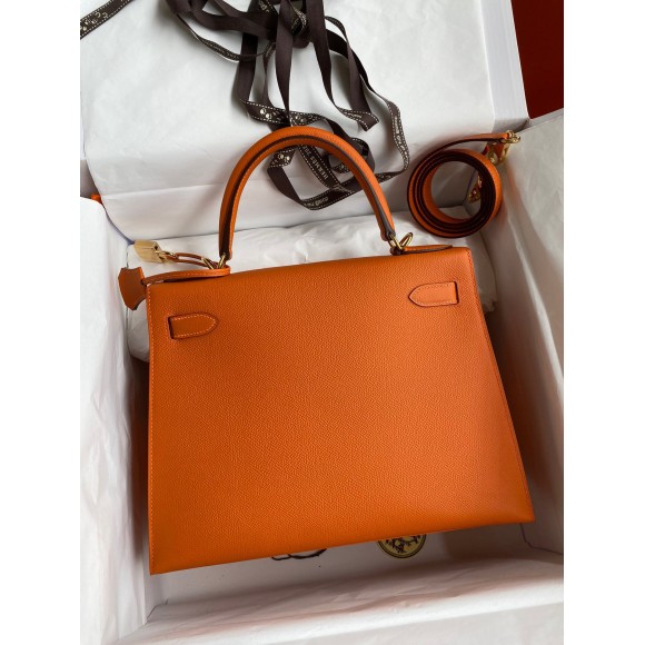 H**mes kelly sellier 28 handmade bag in orange epsom calfskin