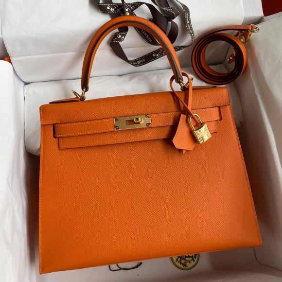 H**mes kelly sellier 28 handmade bag in orange epsom calfskin