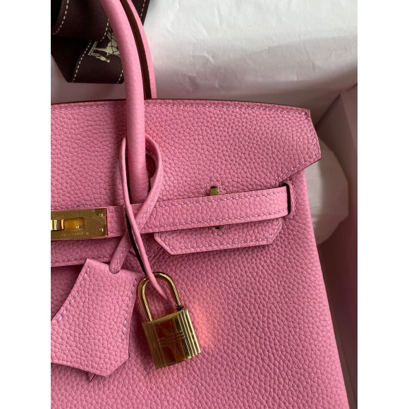 H**mes birkin 25 retourne handmade bag in pink clemence leather