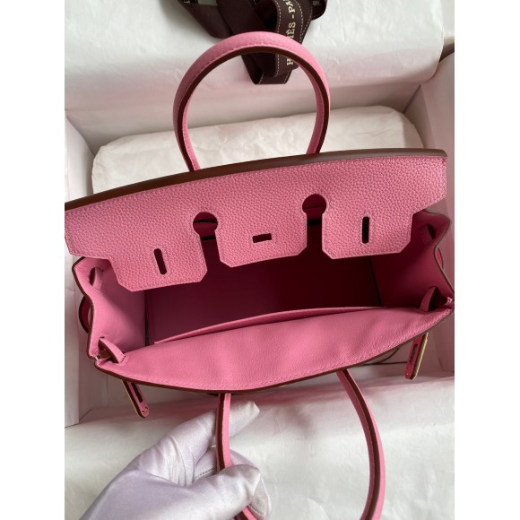 H**mes birkin 25 retourne handmade bag in pink clemence leather