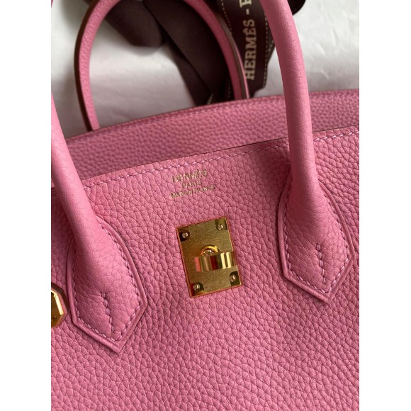 H**mes birkin 25 retourne handmade bag in pink clemence leather