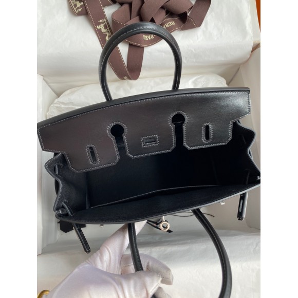 H**mes birkin 25 retourne handmade bag in black box calfskin