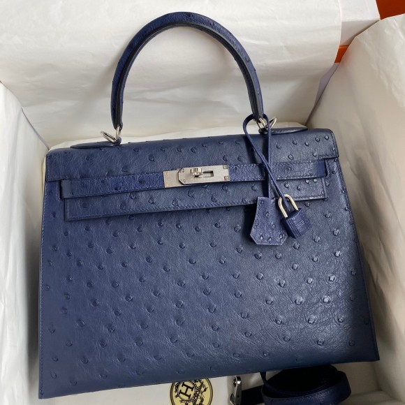 H**mes kelly sellier 32 handmade bag in blue iris ostrich leather