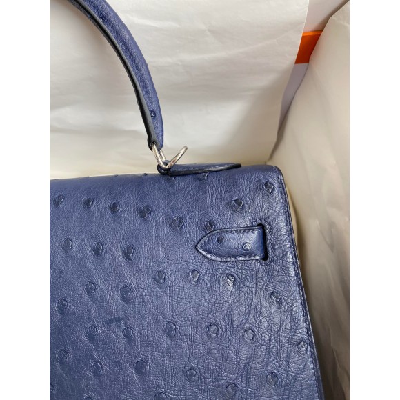 H**mes kelly sellier 32 handmade bag in blue iris ostrich leather