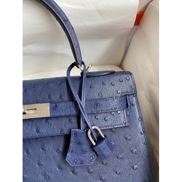 H**mes kelly sellier 32 handmade bag in blue iris ostrich leather