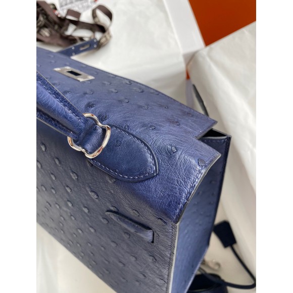 H**mes kelly sellier 32 handmade bag in blue iris ostrich leather