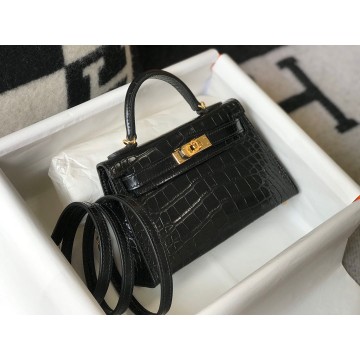 Hermes Kelly Mini II Sellier Bag In Black Crocodile Embossed Leather Hermes Kelly Mini II Sellier Bag In Black Crocodile Embossed Leather