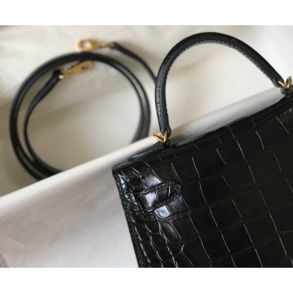 H**mes kelly mini ii sellier bag in black crocodile embossed leather