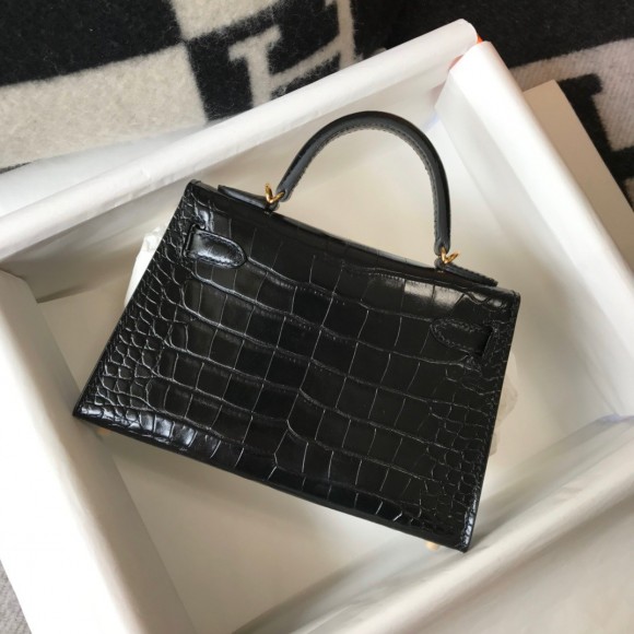 H**mes kelly mini ii sellier bag in black crocodile embossed leather