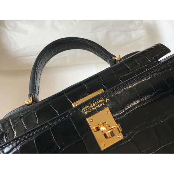 H**mes kelly mini ii sellier bag in black crocodile embossed leather