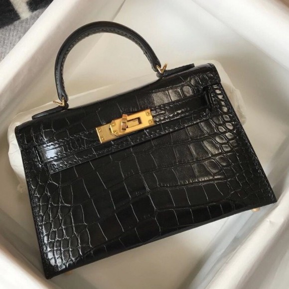 H**mes kelly mini ii sellier bag in black crocodile embossed leather