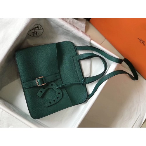 Hermes Halzan 31cm Bag In Malachite Clemence Leather