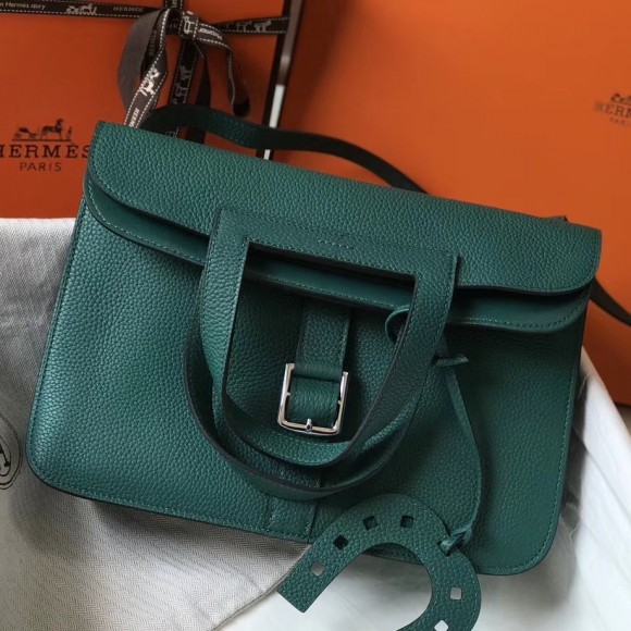 H**mes halzan 31cm bag in malachite clemence leather