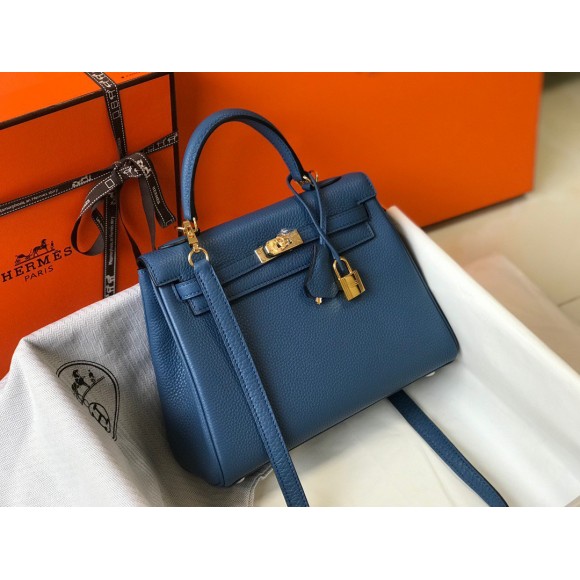 H**mes kelly 25cm retourne bag in blue agate clemence leather ghw