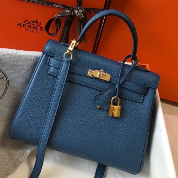 H**mes kelly 25cm retourne bag in blue agate clemence leather ghw