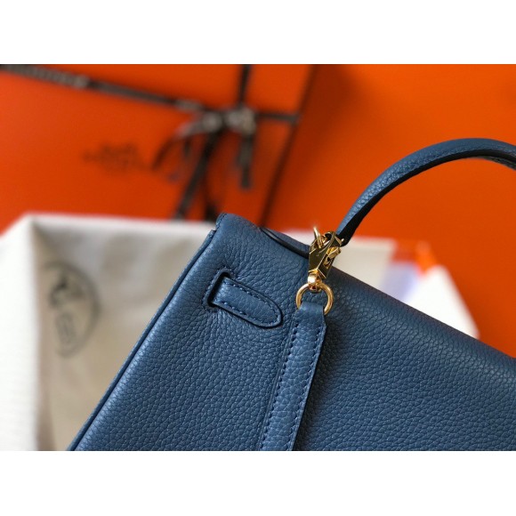 H**mes kelly 25cm retourne bag in blue agate clemence leather ghw