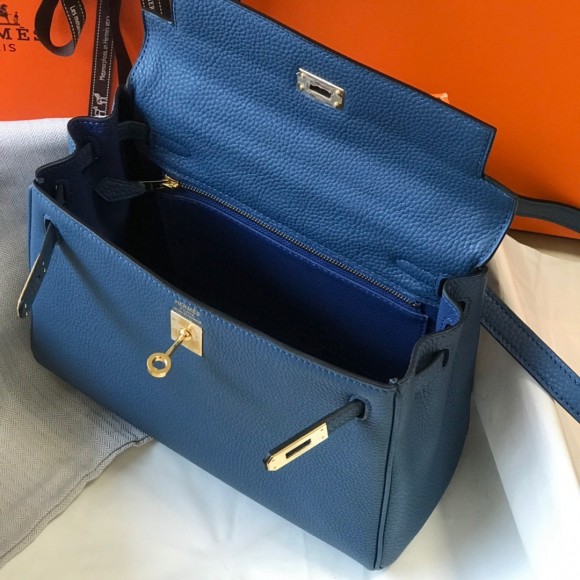 H**mes kelly 25cm retourne bag in blue agate clemence leather ghw