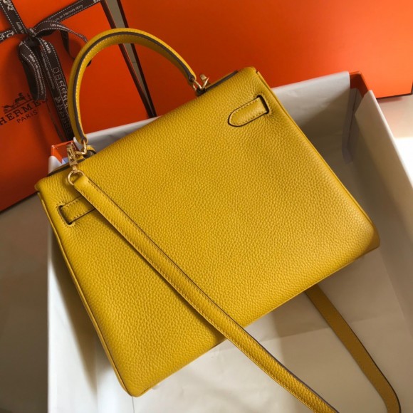 H**mes kelly 32cm retourne bag in yellow clemence leather ghw