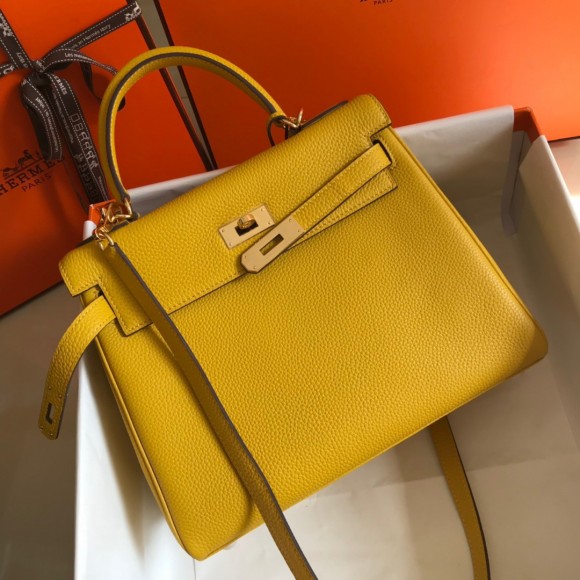 H**mes kelly 32cm retourne bag in yellow clemence leather ghw