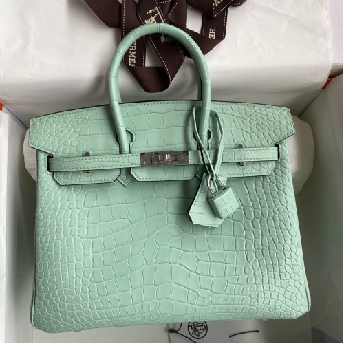 Hermes Birkin 25 Retourne Handmade Bag In Vert D'eau Matte Alligator Leather