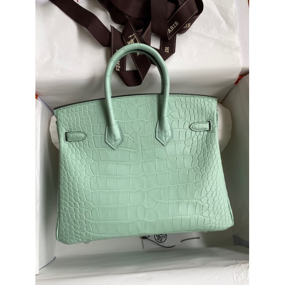 H**mes birkin 25 retourne handmade bag in vert d'eau matte alligator leather