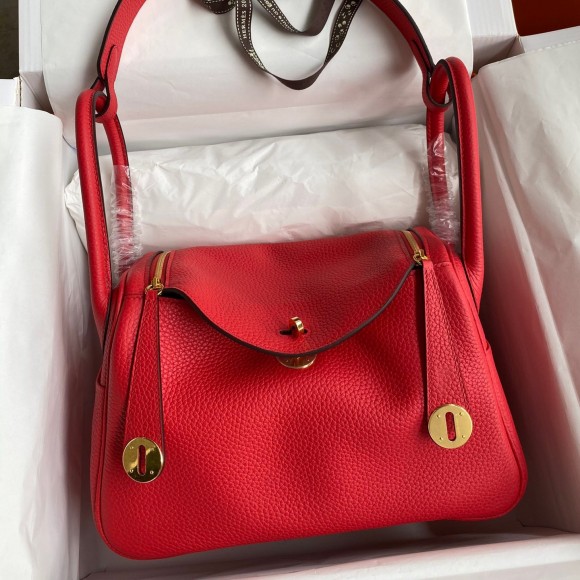 Hermes Lindy 26 Handmade Bag In Red Clemence Leather Hermes Lindy 26 Handmade Bag In Red Clemence Leather