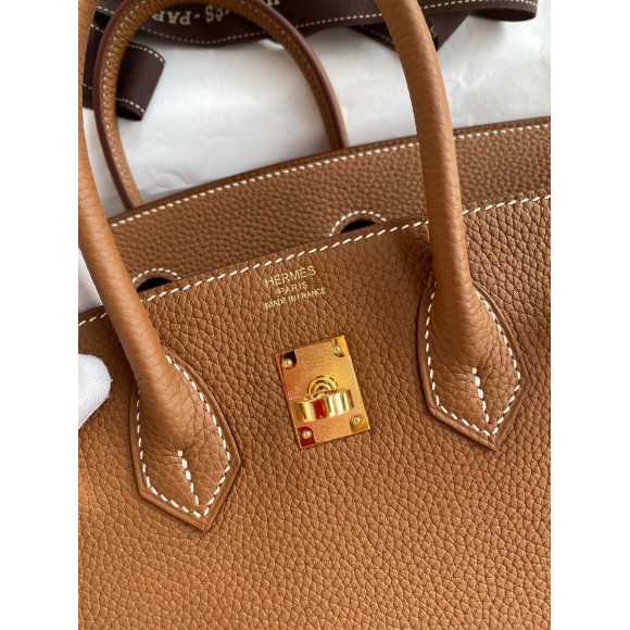 H**mes birkin 25 retourne handmade bag in gold clemence leather