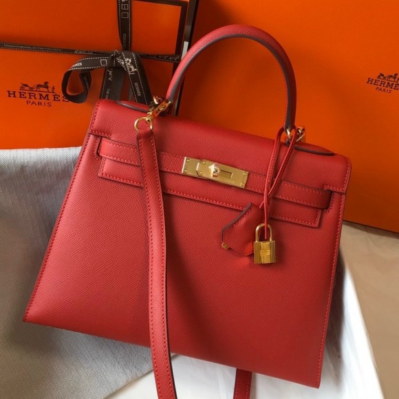 H**mes kelly 28cm sellier bag in red epsom calfskin ghw