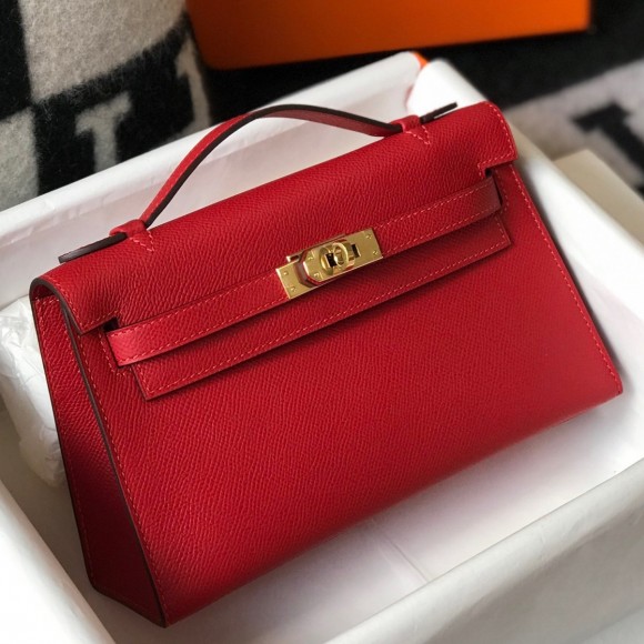 H**mes kelly pochette clutch bag in red epsom leather