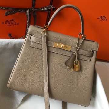 Hermes Kelly 25cm Retourne Bag in Tourterelle Clemence Leather GHW Hermes Kelly 25cm Retourne Bag in Tourterelle Clemence Leather GHW