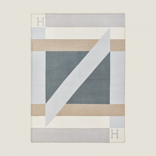 Hermes H Drapeau Blanket in Acier and Perle Cashmere