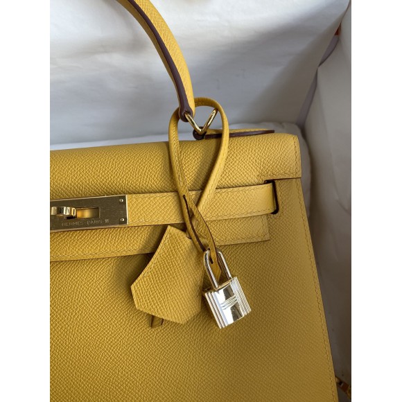 H**mes kelly sellier 28 handmade bag in jaune ambre epsom calfskin