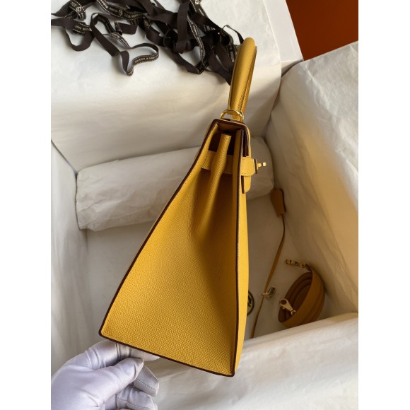 H**mes kelly sellier 28 handmade bag in jaune ambre epsom calfskin